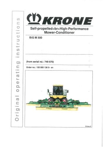 Krone Mower Conditioner Self Propelled Big M 500 Operators Manual