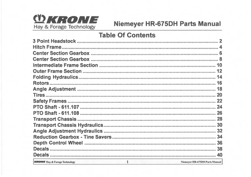 Krone Neimeyer Tedder Rake HR675DH Parts Manual