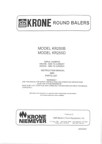 Krone Niemeyer Baler KR250B, KR250D Operators Manual And Parts List - KR 250B 250D