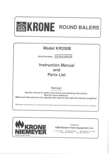 Krone Niemeyer Baler KR250B Operators Manual And Parts List - KR 250B