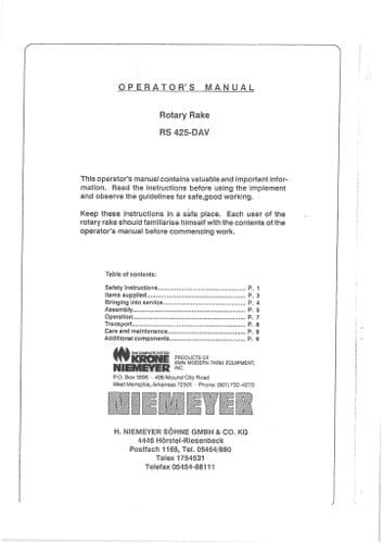 Krone Niemeyer Rotary Tedder Rake RS425DAV Operators Manual RS 425 DAV