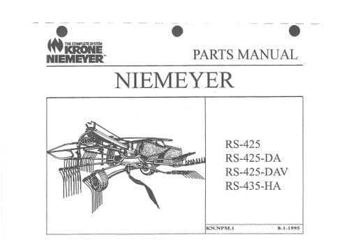 Krone Niemeyer Tedder Rake RS425 RS425DA RS425DAV RS435HA Parts Manual