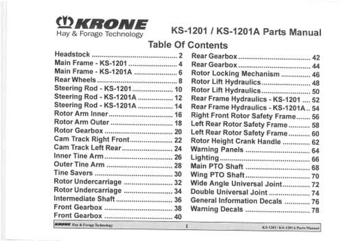 Krone Rotary Rake Tedder KS-1201 KS-1201A  Parts Manual