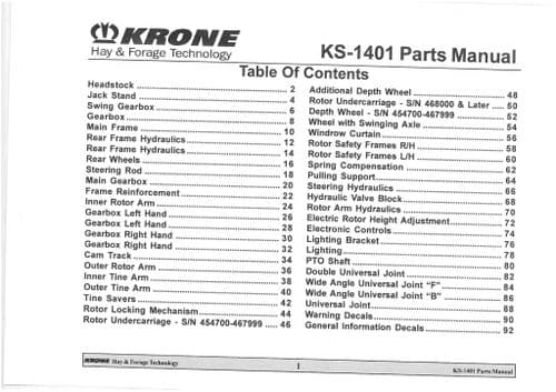 Krone Rotary Rake Tedder KS-1401 Parts Manual