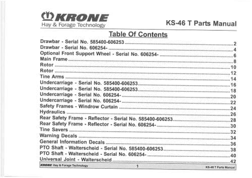 Krone Rotary Rake Tedder KS-46T  Parts Manual