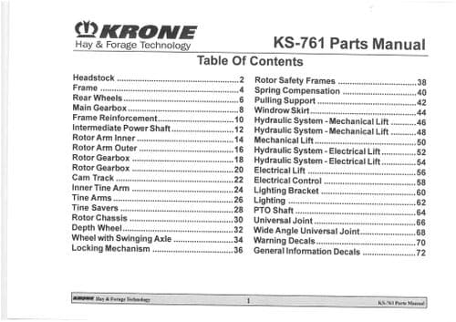 Krone Rotary Rake Tedder KS-761 Parts Manual