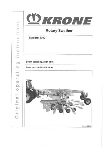 Krone Rotary Swather Rake Swadro 1000 Operators Manual