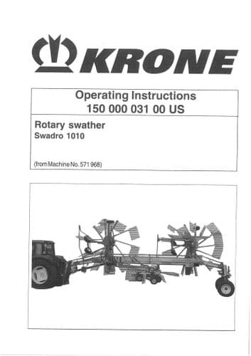 Krone Rotary Swather Rake Swadro 1010 Operators Manual