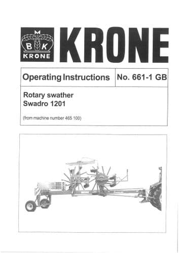 Krone Rotary Swather Rake Swadro 1201 Operators Manual