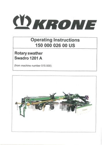 Krone Rotary Swather Rake Swadro 1201A Operators Manual
