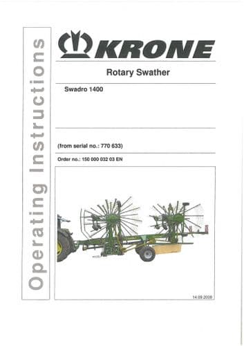 Krone Rotary Swather Rake Swadro 1400 Operators Manual