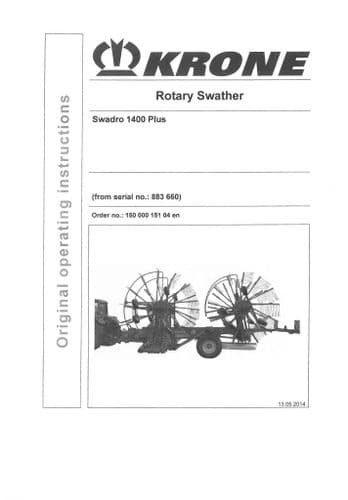 Krone Rotary Swather Rake Swadro 1400 Plus Operators Manual