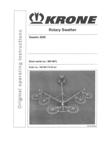 Krone Rotary Swather Rake Swadro 2000 Operators Manual