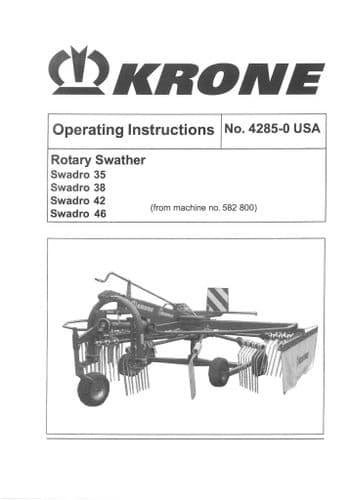 Krone Rotary Swather Rake Swadro 35 38 42 46 Operators Manual -