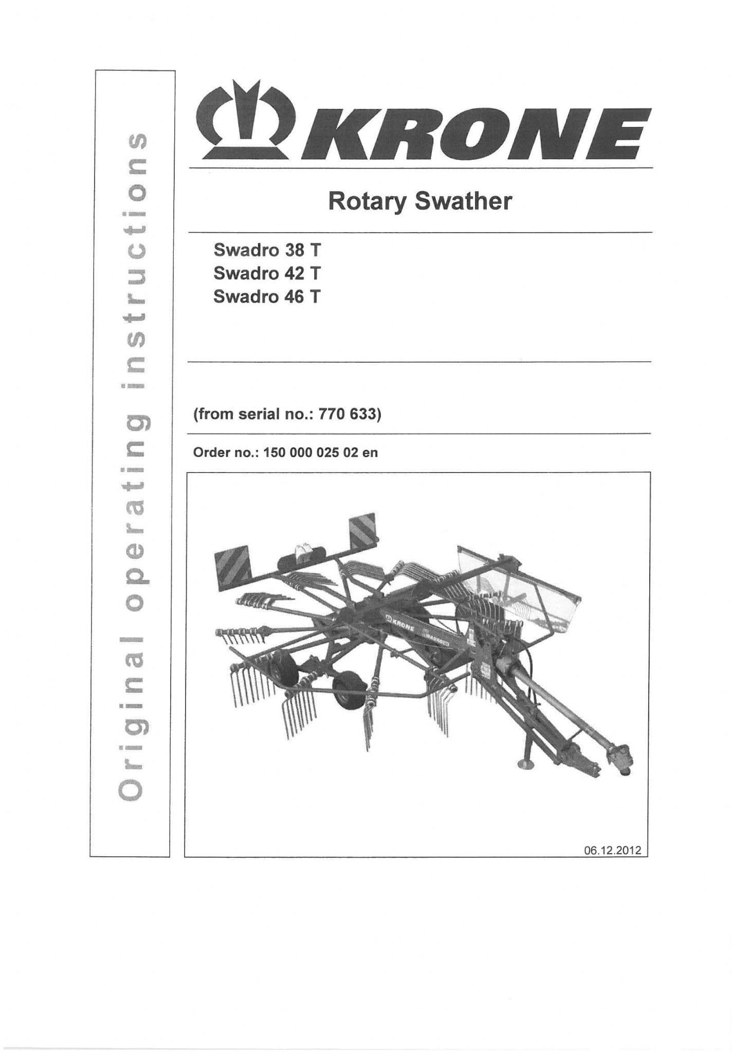 Krone Rotary Swather Rake Swadro 38T 42T 46T Operators Manual T 38 42 46