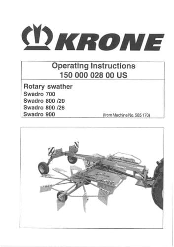 Krone Rotary Swather Rake Swadro 700, 800/20, 800/26 & 900 Operators Manual