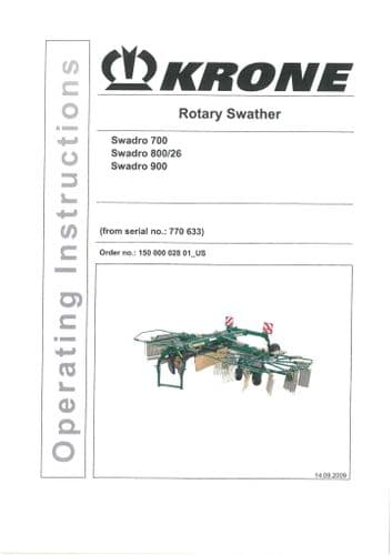 Krone Rotary Swather Rake Swadro 700, 800/26 & 900 Operators Manual