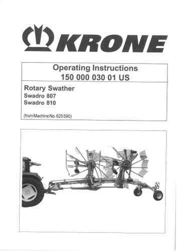 Krone Rotary Swather Rake Swadro 807 & 810 Operators Manual