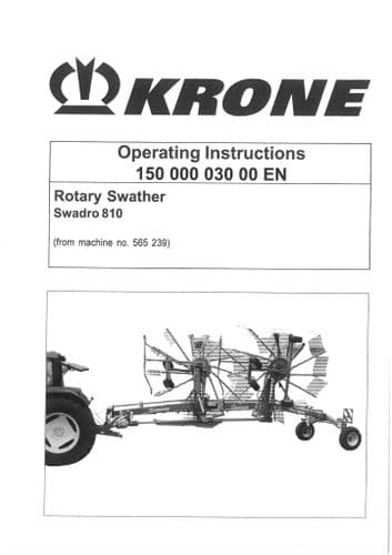 Krone Rotary Swather Rake Swadro 810 Operators Manual