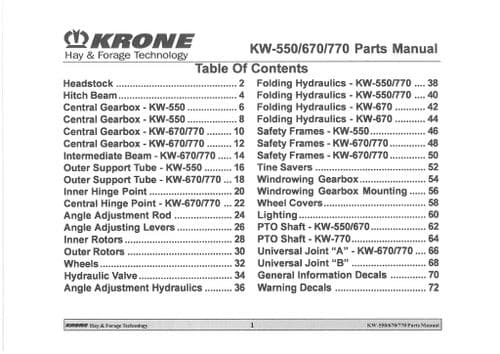 Krone Rotary Tedder KW550 KW670 KW770 Parts Manual