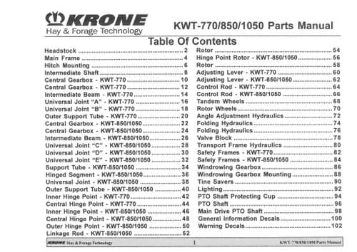 Krone Rotary Tedder KWT 770 850 1050 Parts Manual