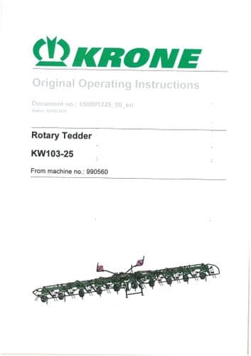 Krone Rotary Tedder Rake KW 103-25 Operators Manual