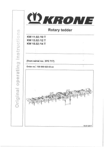 Krone Rotary Tedder Rake KW 11.02/10T 13.02/12T 15.02/14T Operators Manual