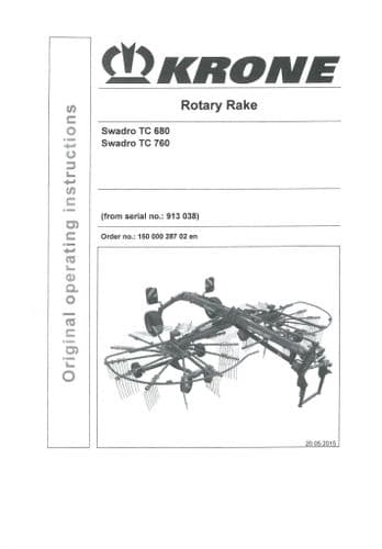 Krone Rotary Tedder Rake Swadro TC680 TC760 Operators Manual TC 680 760