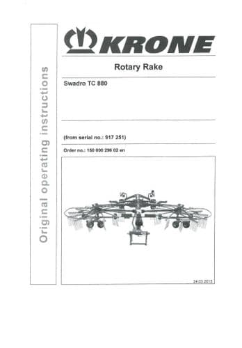 Krone Rotary Tedder Rake Swadro TC880 Operators Manual TC 880
