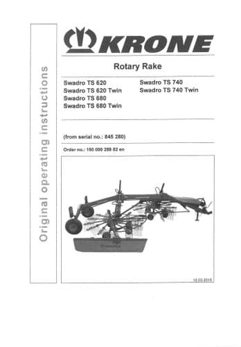 Krone Rotary Tedder Rake Swadro TS620 TS680 TS740 & Twin Operators Manual TS 620 680 740