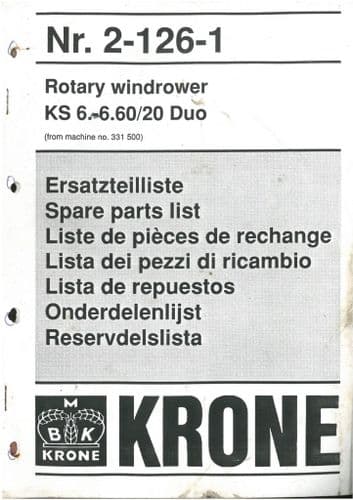 Krone Rotary Windrower KS6 6.60/20 Duo Parts Manual