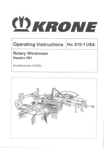 Krone Rotary Windrower Rake Swadro 881 Operators Manual