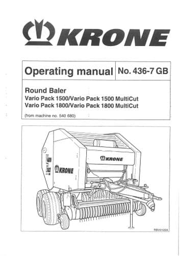 Krone Round Bale Vario Pack 1500 1800 & 1500 MultiCut 1800 MultiCut Operators Manual