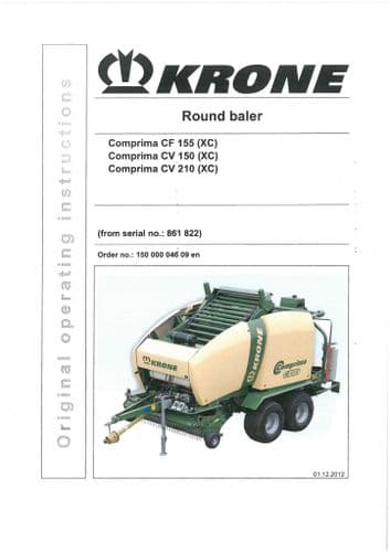 Krone Round Baler Comprima CF155XC CV150XC CV210XC Operators Manual CF CV 155 150 210 XC
