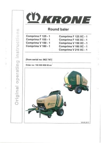 Krone Round Baler Comprima F125XC-1 F155XC-1 V150XC-1 V180XC-1 Operators Manual F 125 155 V 150 180