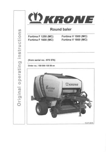 Krone Round Baler Fortima F1250 F1600 V1500 V1800 MC Operators Manual F 1250 1600 V 1500 1800