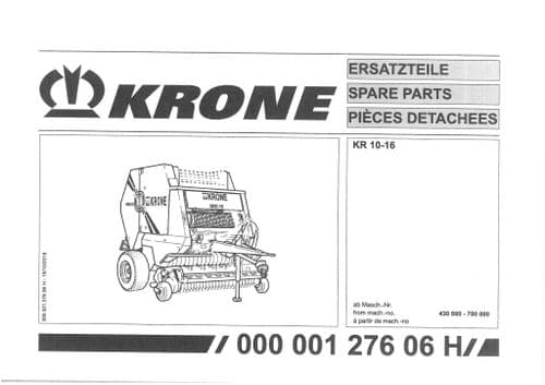 Krone Round Baler KR 10-16  -  Parts Manual KR10-16