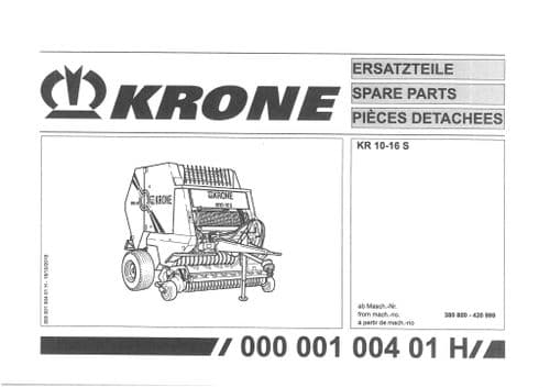 Krone Round Baler KR 10-16  S  Parts Manual - KR10-16S KR10
