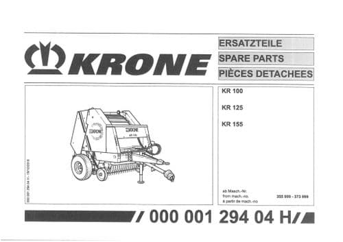 Krone Round Baler KR100 KR125 KR155  -  Parts Manual KR 100 125 155