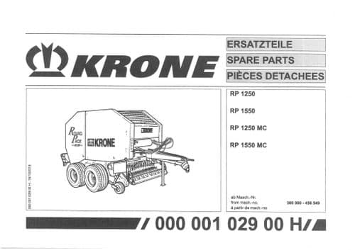 Krone Round Baler RP1250 RP1550 RP1250MC RP1550MC  -  Parts Manual - 1250 1550
