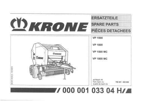 Krone Round Baler VP1500 VP1800 VP1500MC VP1800MC  -  Parts Manual - 1500 1800