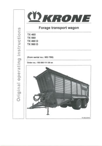 Krone Short Cut Loading/Feeder Wagon  AX280L AX280GL AX280GD AX310GL AX310GD Operators Manual