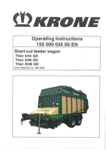 Krone Shortcut  Feeder Wagon - Titan 6/44 GD 6/48 GD R/48 GD - Operators Manual -