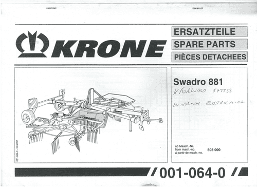Krone Swadro 881 Twin Rotor Rake Parts Manual