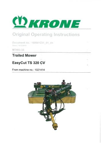 Krone Trailed Mower EasyCut TS 320 CV Operators Manual TS320CV
