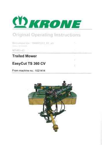 Krone Trailed Mower EasyCut TS 360 CV Operators Manual TS360CV