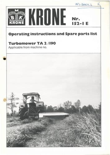 Krone Turbomower Mower TA2/190 Operators Manual and Parts List