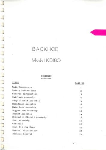Kubota Backhoe KB180 Operators Manual