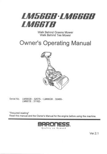Kubota Baroness Walk Behind Greens Tee Mower LM56GB LM66GB LM66TB Operators Manual LM 56 66 GB TB