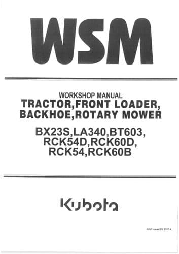 Kubota Compact Tractor BX23S LA340 BT603 RCK54D RCK60D RCK54 RCK60B Workshop Service Manual